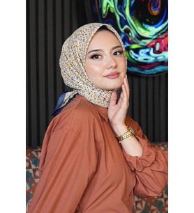 Mini Çiçek Desen İndigo Soft Pamuk Eşarp (Standart)