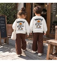 Waffle Baskılı Sweatshirt ve Kahverengi Kareli Eşofman Alt Üst Takım Süper Kalite