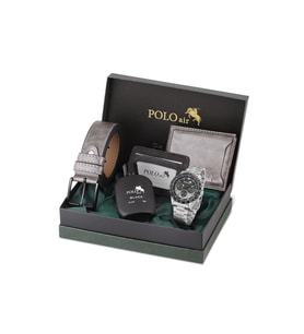 Polo Air Erkek Kol Saati Cüzdan Kartlık Kemer Parfüm Hediyelik Kutusunda Gri Siyah Set PL-7043E5
