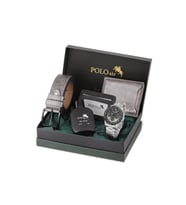 Polo Air Erkek Kol Saati Cüzdan Kartlık Kemer Parfüm Hediyelik Kutusunda Gri Siyah Set PL-7043E5 (Gümüş-Siyah)