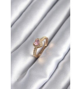 Mey İthalat® Pirinç Renk Pembe Zirkon Taş Kalp Charm Model Kadın Yüzük