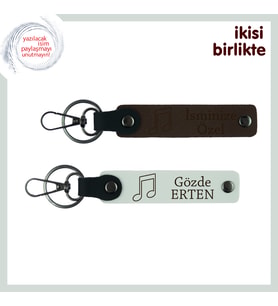 Eşinle İlk Konserin Hatırasına, Notalı Yazılabilir Deri Anahtarlık Seti, Koyu Kahve-Beyaz