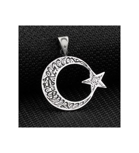 Kelimei Tevhid Yazılı Büyük Boy Ay Yıldız Tasarımlı 925 Ayar Gümüş Kolye Ucu