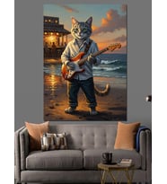 Deniz Kıyısında Gitar Çalan Kedi Dekoratif Kanvas - Mdf Ahşap Tablo