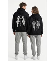 Unisex His Angel & Her Guardian Baskılı Sevgili Kombini Hoodie Seti (Siyah)