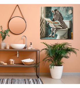 Tekli Kare Kanvas Banyo Tablosu Gazete Okuyan Zebra
