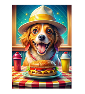 Hamburger Seven Köpek Desenli Ahşap Tablo
