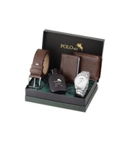 Polo Air Erkek Kol Saati Cüzdan Kemer Kartlık Parfüm Hediyelik Kutusunda Kahverengi Set Gümüş Renk PL-7038E3