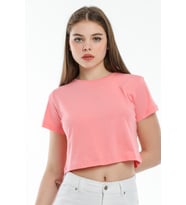 Süperlife Kadın Bisiklet Yaka Crop Örme Slim Fit Tişort SPR21Y13 (Pink)