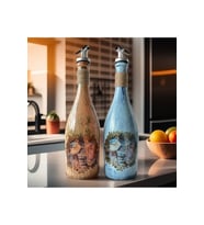 Özel Tasarım Desenli Sunum Stantlı 2'li 750 ml Zeytinyağı Sıvıyağ Şişesi Yağdanlık Yağlık (Çok Renkli)
