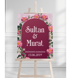 Söz Nişan Düğün İçin 50x70 Karşılama Panosu - Pembe Çiçek Tasarımlı 001