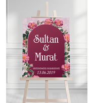Söz Nişan Düğün İçin 50x70 Karşılama Panosu - Pembe Çiçek Tasarımlı 001