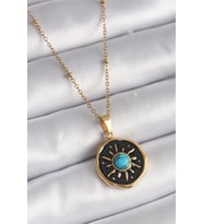 pilelistore 316L Çelik Gold Renk Mavi Boncuk Güneş İşleme Madalyon Model Kadın Kolye - TJ-BKO9524