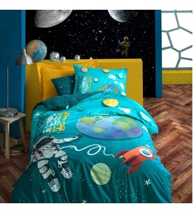 Cotton Box Junior Ranforce Nevresim Takımı Tek Kişilik Little Astronaut Turkuaz