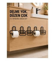 Mey İthalat® Siyah Metal Tuvalet Kağıdı Tutucu 5’li Set Yapışkanlı Duvar Tipi Banyo WC Askısı