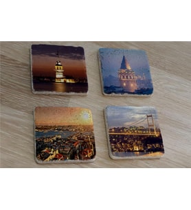 İstanbul Manzaraları Doğal Taş Bardak Altlığı 4'lü set - Natural Stone Coasters