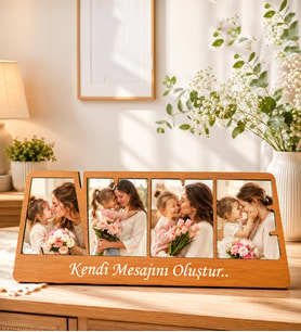 Kişiye Özel 4 Fotoğraflı Canım Annem Tasarımlı Ahşap Kolaj Masaüstü Çerçeve (Kahverengi)