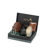 Polo Air Mercek Takvimli Erkek Kol Saati Otomatik Cüzdan Kemer Parfüm Seti Gold Gümüş Renk PL-7079E9 (Altın-Gümüş)