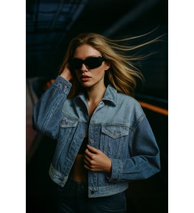 Kadın Renk Bloklu Oversize Jean Ceket Mavi