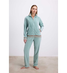 KadifeDokulu Uzun Kollu Sweatshirt ve Pantolon Takımı (Yeşil)