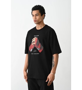 Erkek Boxy Eldiven Baskılı T-Shirt Kısa Kol Bisiklet Yaka Tişört - Siyah