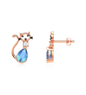 Aqua Damla Taşlı Kedi Rose Gümüş Küpe