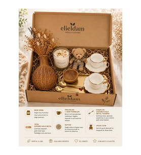 Doğum Günü, Özel Gün, Yeni İş, Yeni Ev Hediyesi Doğal Soya Mum, Porselen Fincan, Gold Tepsi ve Rattan Vazo Seti