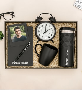 Kişiye Özel Fotoğraflı Çerçeve,Defter,Kalem,Masa Saati,Fincan Ve Termos Hediye Seti (STD)
