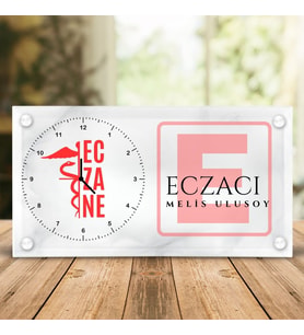 Eczacılara Özel İsim Yazılı Cam Saat - Logolu Eczane Masası Saati