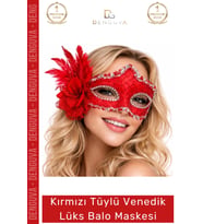 #Maske Kırmızı Tüylü Venedik Tasarım Lüks Parti Kostüm Aksesuarı Gösterişli Şıklık Balo Maskesi