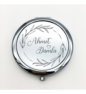 Kişiye Özel İsimli Daire Baskılı Daire Metal Ayna Çanta, Cep ve Makyaj Aynası (Gümüş)