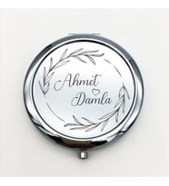 Kişiye Özel İsimli Daire Baskılı Daire Metal Ayna Çanta, Cep ve Makyaj Aynası (Gümüş)