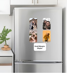 Kişiye Özel 4 Fotoğraflı ve İsim/Mesaj Yazılı 5'li Buzdolabı Magnet 5'li Anı Seti: 4 Favori Fotoğraf + 1 Özel Not Yazılı Magnet Kombini Sevgiliye Hediye Kendi Mesajını Oluştur