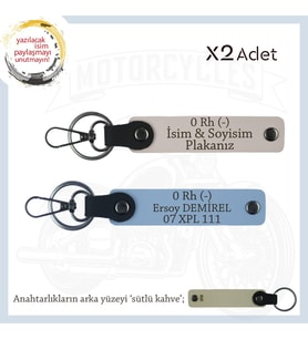 Motorcu Tarzına Özel, İsim Plaka ve 0 Rh (-) Kan Grubu Yazılı Hediyelik x2 Anahtarlık, Pudra-Mavi-SK (Çok Renkli)