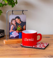 Ahşap Standlı Fotoğraflı Çerçeve & Kişiye Özel Ahşap Sunumlu Çay & Nescafe Fincanı (Kırmızı)