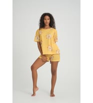 iLove Kısa Kollu Şort Kadın Pijama Takımı Örme Kumaş Pamuklu Desenli SüperSoft (Sarı)