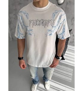 pilelistore- Unisex Bisiklet Yaka Baskılı Oversize T-Shirt - Beyaz