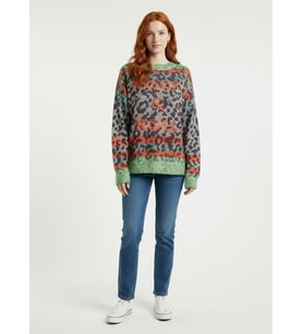 Kadın Rock & Roll Desenli Oversize Triko Kazak