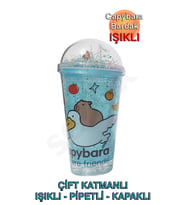 Capybara Çift Cidarlı, Işıklı, Pipetli, Kapaklı Bardak