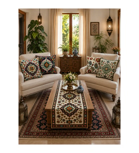 4'lü Kırlent Kılıfı ve Runner Seti 43x43 cm Kırlent Kılıfı + 40x140 cm Runner Polyester Kumaş Dijital Baskılı Dekoratif Salon Mutfak Yemek Masası