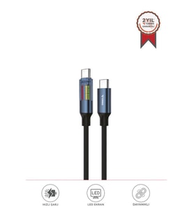 TORIMA U21 Siyah Type-C to Type-C 60W Hızlı Şarj Kablosu – LED Ekranlı, Dayanıklı Örgü Kablo