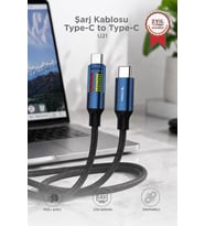 Torima Şarj Kablosu Type-C to Type-C Led Ekranlı Hızlı 60W Data Kablo U21 Siyah