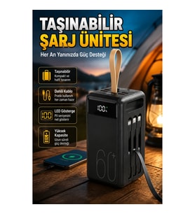 Çoklu Çıkışlı LED Ekranlı Taşınabilir Powerbank – 4 Kablolu ve Fenerli