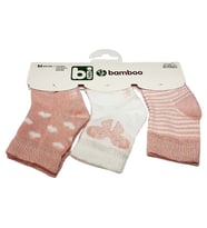 Bibaby Bambu Bebek Çorabı 3 lü 0-6 Ay - Pembe Kelebek - Beyaz