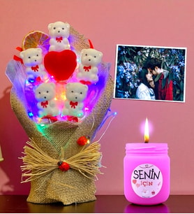 Size Özel Fotoğraflı Led Işıklı Buket ve Kokulu Cam Mum, Kişiye Özel Hediye Seti (Model 2)