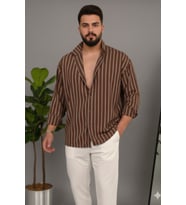 Erkek İki Çizgili Regular Relaxed Fit Uzun Kollu Gömlek