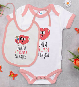 BK Kids Benim Halam Bir Başka Tasarımlı Pembe Bebek Body Zıbın ve Mama Önlüğü Hediye Seti-1