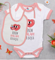 BK Kids Benim Halam Bir Başka Tasarımlı Pembe Bebek Body Zıbın ve Mama Önlüğü Hediye Seti-1