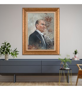 Altın Varaklı Çerçeveli Paspartulu Atatürk Tablo TR1009 (Gold)