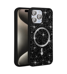 iPhone 15 Pro Max Kılıf Pırlanta Tasarımlı M-safe Şarj Özellikli Mozaik Silikon Kapak (Siyah)
